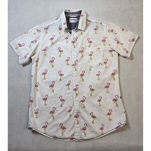 Huntington BC Camp Shirt Mens L White Flamingo Print Button Up SS Tropical Beach